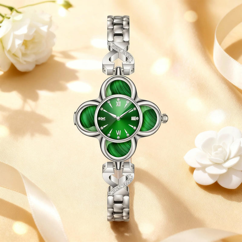 Green Lucky Clover Smart Bracelet with Quartz Clock - 24/7 Health Monitor Track Heart Rate Blood Oxygen Sleep Stress, Fitness Tracker IP68 Waterproof for Women Men, Compatible with Android iOS Phone