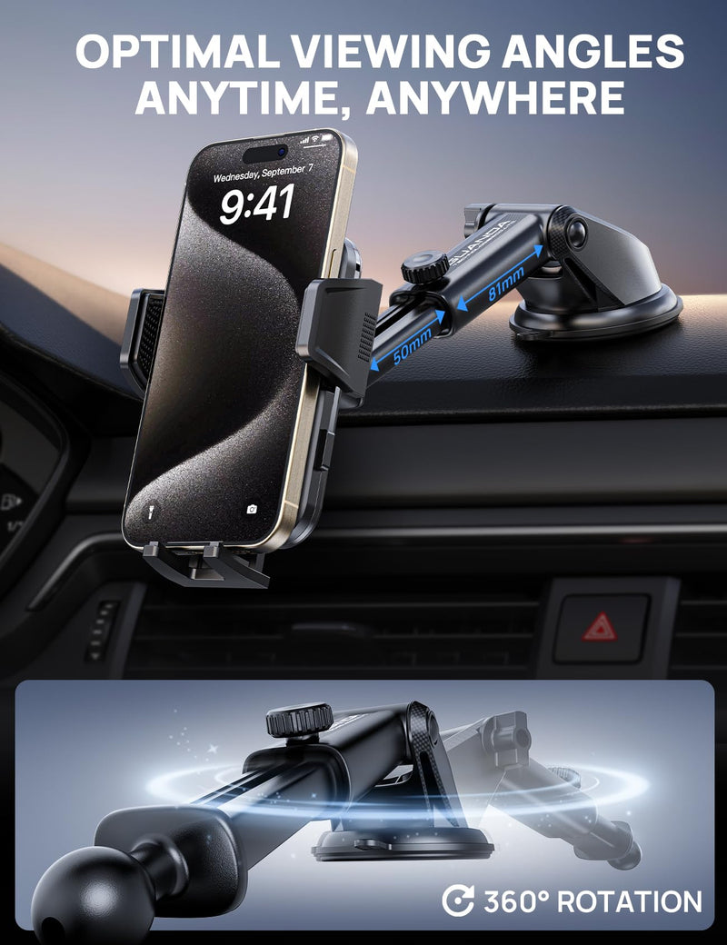 Air Vent Car Phone Holder, Anti-Vibration Grip, Wide Clamp, Metal Hook | Rotating smartphone cradle with one-press release and heat-resistant design; fits large phones with protective cases. Dash-Purple