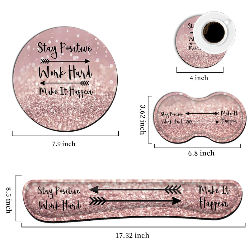 Ergonomic Mouse Pad with Wrist Support Set and Keyboard Wrist Rest Set for Laptop, Gaming and Office, Comfortable and Pain Relief + Coaster ，Stay Positive Work Hard and Make It Happen Pink Glitter Yu-mouse Pad-ba4