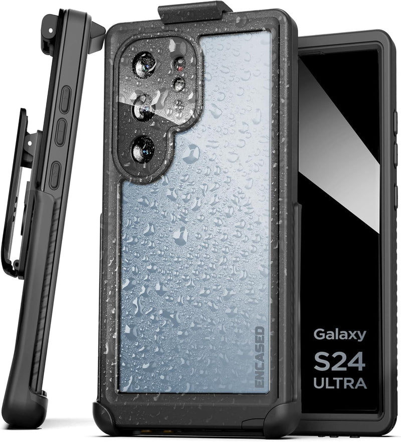 Encased Waterproof Belt Case Designed for Samsung Galaxy S24 Ultra - Full Body Protective Case with Screen Protector Built-in with Holster Clip (Clear/Black)