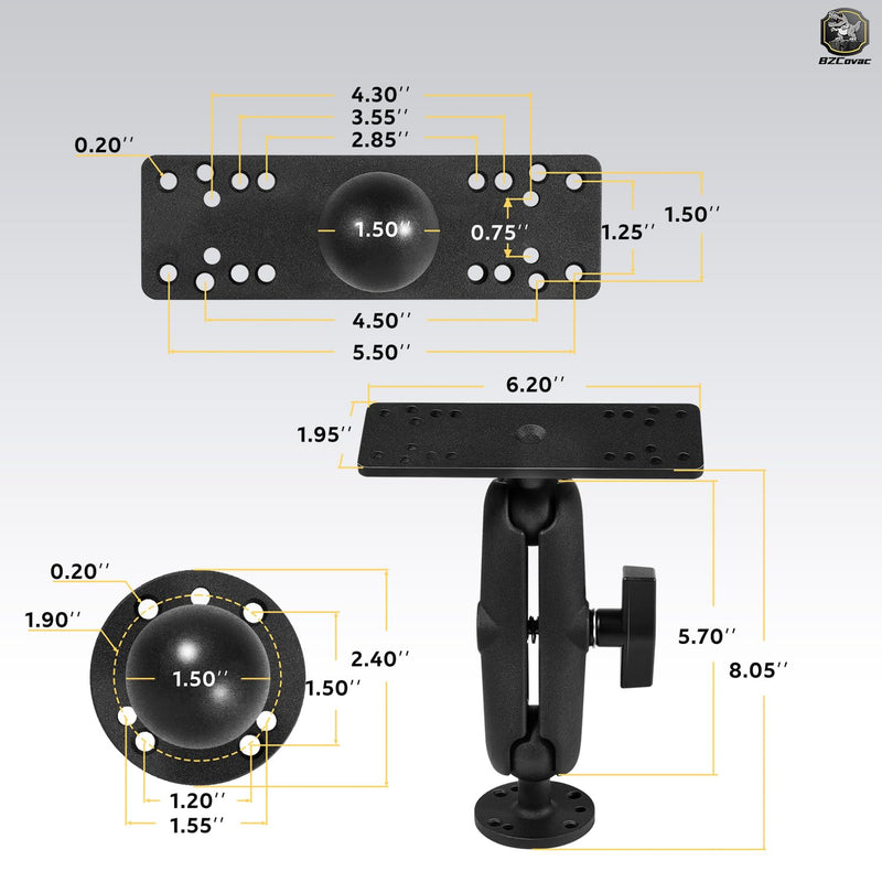 Aluminum Fish Finder Gimbal Mount with 1.5" / C Size Ball for Garmin, Lowrance, Humminbird & More - 360° Rotation & ±90° Tilt Adjustable Marine Electronics Depth Finder Mount