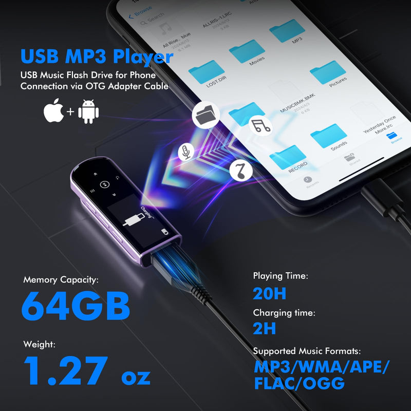 [AUSTRALIA] - RUIZU 64GB USB MP3 Player with Bluetooth 5.3, Clip Jam Portable Music Player for Sports Running, USB MP3 Player Stick with FM Radio, Voice Recorder, Digital Audio Shuffle Repeat, Phone File Transfer Purple 