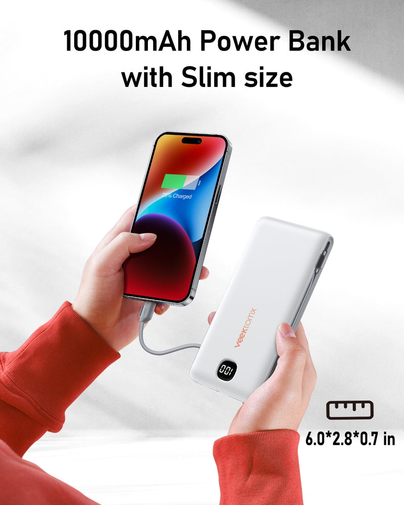 VEEKTOMX Power Bank with Built in Cables 22.5W 10000mAh, Portable Charger for iPhone with AC Wall Plug, Fast Charging USB C Slim iPhone Charger with LED Display Compatible with iPhone15/14/13, Samsung 10000mAh White