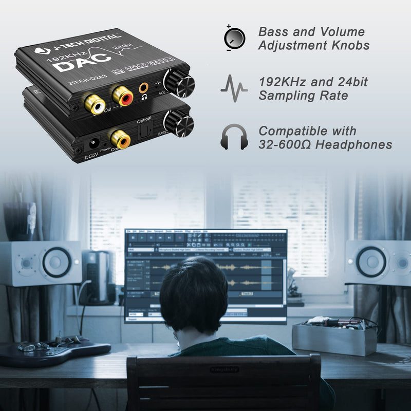 Digital to Analog Audio Converter with Headphone Amplifier & Bass Control by J-Tech Digital | 192kHz 24bit Optical Coaxial RCA 3.5mm DAC Converter Optical to 3.5mm