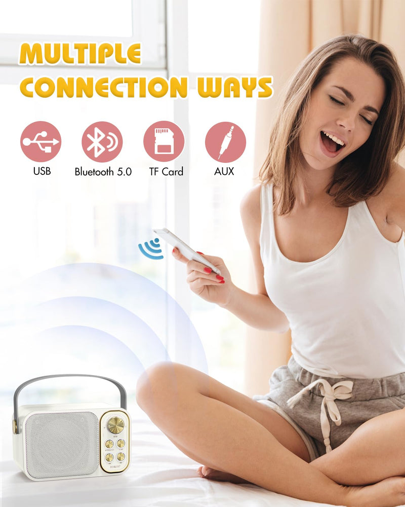 Mini Karaoke Machine for Kids Adults, Portable Bluetooth Speaker with 2 Wireless Microphones, Kids Karaoke Machine for Girls Boys, Toys Birthday Gifts for 3-12+ Years Old Toddler (White)