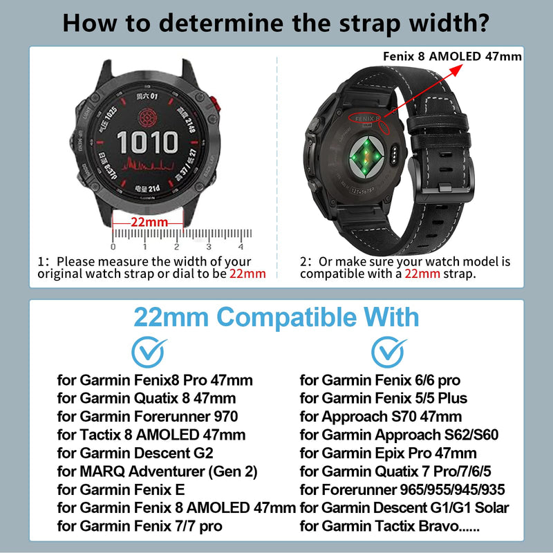 ZPJPPLX 22mm Genuine leather Watch Bands for Fenix E 8 AMOLED 47mm 7 6 Pro 5 plus,Quick fit Strap for quatix 6 7 8 epix Pro tactix 8 AMOLED 47mm/Approach S62 S70/Forerunner 965 970 955/Descent G2 G1 2pack1