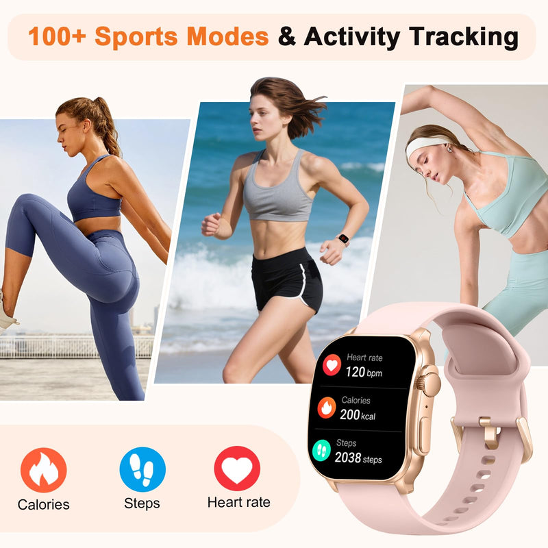Smart Watch for Women, 2.01" AMOLED Curved Display Fitness Tracker with Answer/Make Calls, 100+ Sport Modes, 24/7 Heart Rate/Sleep Monitor/Pedometer, IP68 Waterproof SmartWatch, for Android iOS Pink