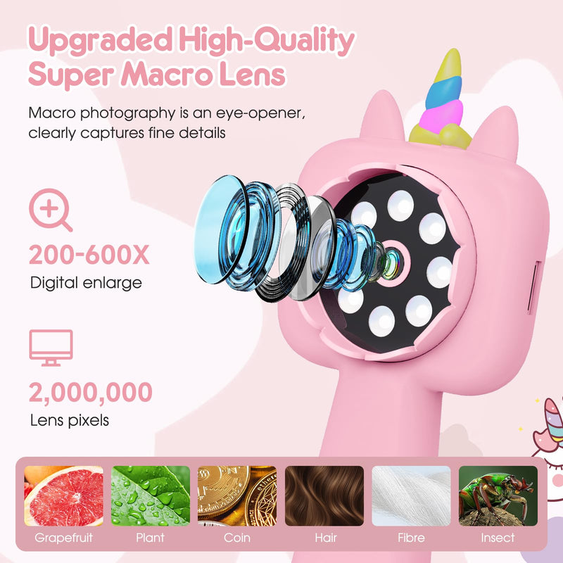 Magnifying, 2.4" Microscope for Kids, 600X-4800X Handheld Digital Miniscope, Portable Pocket Magnification Microscope Photo & Video | Education Toys for Age 3 4 5 6 7 8 9 10 Girls Boys Pink