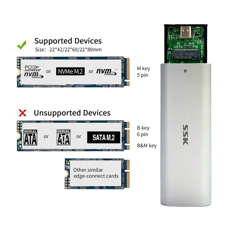 SSK M.2 NVMe Enclosure, Tool-Free SSD Enclosure Adapter, USB C 3.2 Gen 2 10Gbps PCIe MKey External Solid State Drive Case, Support UASP Trim for 2230/2242/2260/2280 (SATA NOT Supported) (Pack of 2)