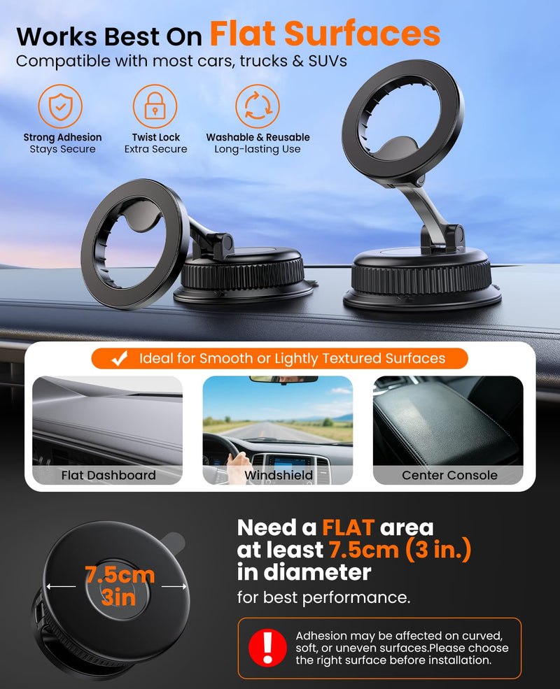 Magnetic Car Phone Holder, for MagSafe Car Mount, Nano Gel Suction Car Phone Mount for Dashboard, Cell Phone Stand for Your Car, 360°Rotatable & Foldable for iPhone 17 16 15 14 13 12 Series Black Nano-Gel Grip