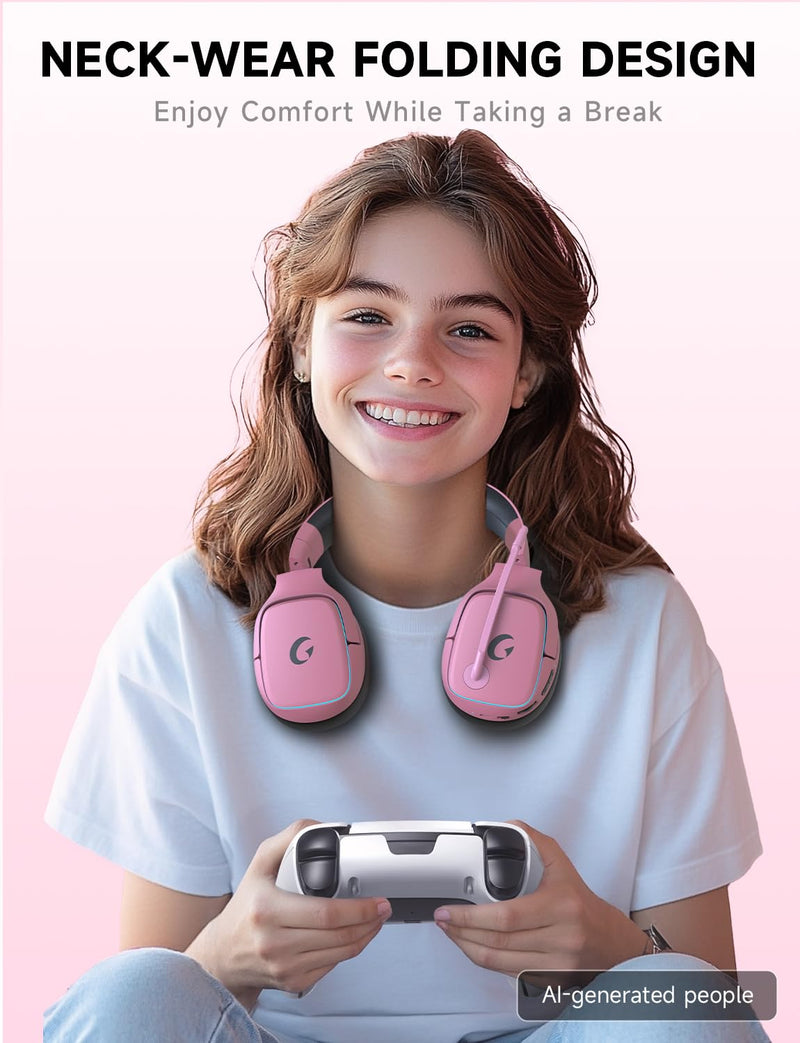 Gvyugke 2.4GHz Wireless Gaming Headsets for PS5, PS4, PC, Switch, BlushPink | Bluetooth 5.3 Gaming Headphones with Noise Canceling Mic, 7.1 Surround Sound, 70H Battery, Blue Lighting Blush Pink
