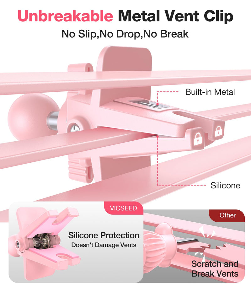 VICSEED Pink Air Vent Phone Holder for Your Car [ Sturdy & Secure ] | Cell Phone Mount for Car Hands Free Easy Clamp Cradle in Vehicle for iPhone Samsung Android Smartphone, Pink Car Accessories
