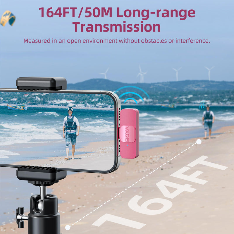 BOYA Wireless Lavalier Microphone for iPhone iPad Phone Omnidirectional External Mini Lapel Lightning Microphone for iPhone Clip-On Mic for Video Recording Podcast YouTube Live Streaming (Pink) Pink
