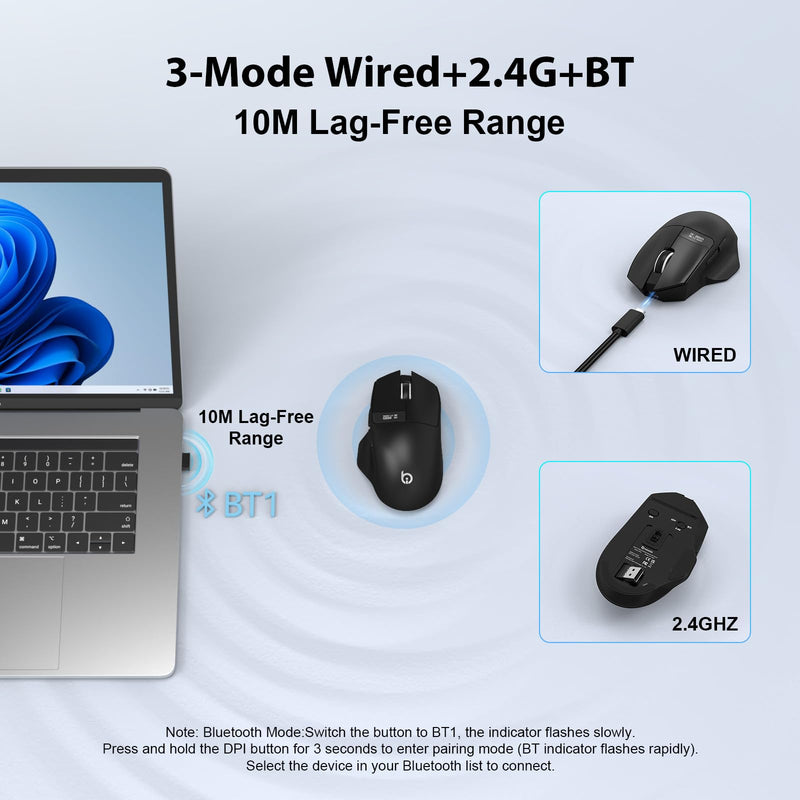 G9Pro Wireless Bluetooth Mouse with LED Screen Display | 12000 DPI Computer Mouse with 6 Adjustable DPI, Wired/BT1/2.4G Tri-Mode, Type-C Rechargeable, Lightweight & Office Use for PC Black