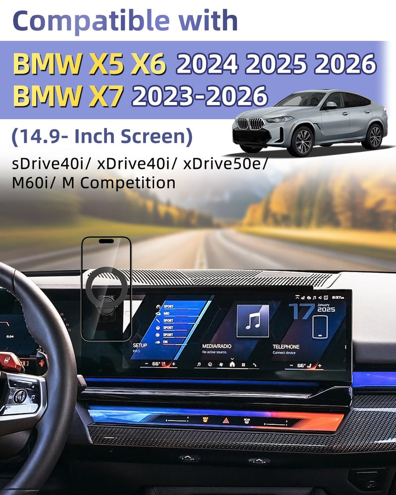 PZK Car Phone Mount for BMW X5 X6 2024-2026 & BMW X7 2023-2026 Accessories | Magnetic MagSafe Phone Holder for BMW X5 X6 X7 14.9-inch Screen 360° Rotation Hands-Free with Storage Box Not Affect Vent
