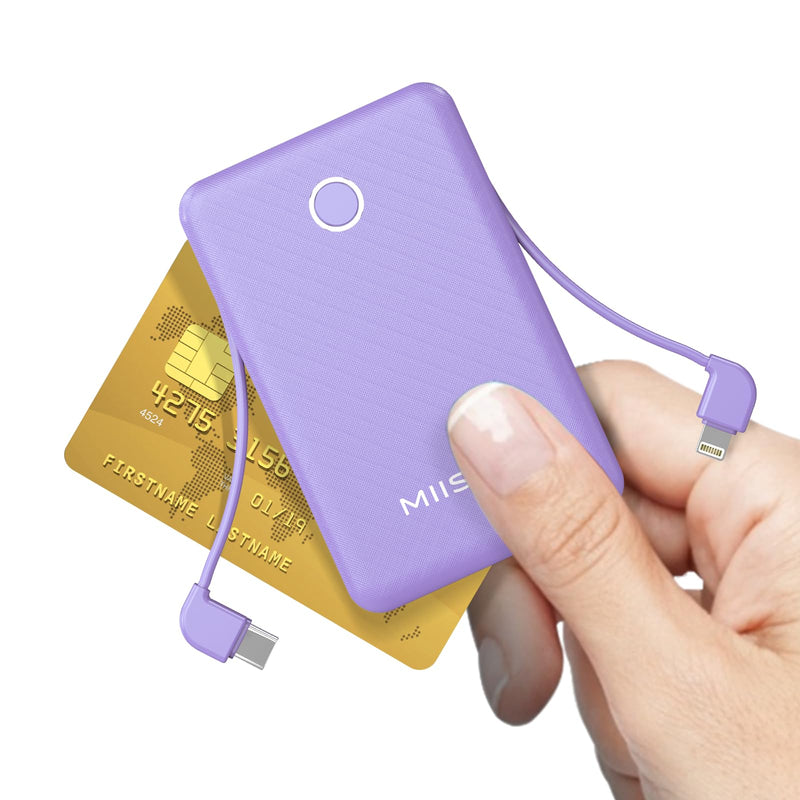 miisso 6000mah Ultra Slim Built in Cables Power Bank, Card Size Built in USB C Cords Battery Pack Portable Charger for Phones, 3 Output External Battery Pack Compatible with iPhone, Samsung, Purple 6000mah Purple