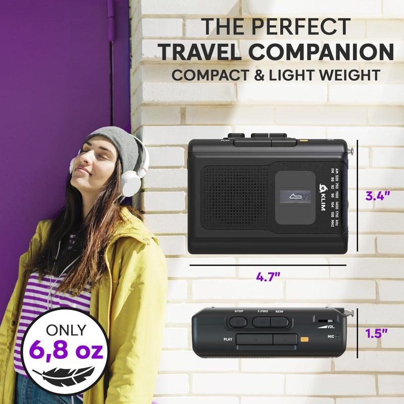 KLIM K8 Cassette Tape Player Portable + Cassette Recorder + NEW + AM/FM Walkman Cassette Player + Built-in Microphone & Speaker + Headphone Jack & Earphones Black