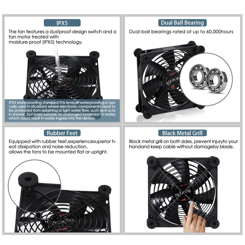 Dual Quiet 140mm Cooling Fan - USB 5V/DC 12V Dual Voltage, 10 Speed Adjustable, IPX5 Waterproof | Portable for PC, DVR, Router, TV Receiver, Tablet, Computer Cabinet, Greenhouse & Kennel Cooling