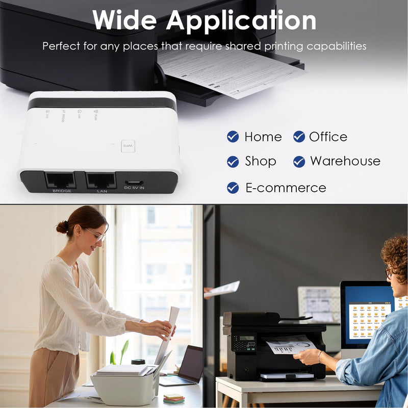 GOWENIC USB Print Server, 10 100Mbps LAN Bridge Wireless Wired Standalone Print Server Support 4 Printers Plug and Play, with 480Mbps USB 2.0 Port, for 7 8 10 11 OS X (US Plug) US Plug