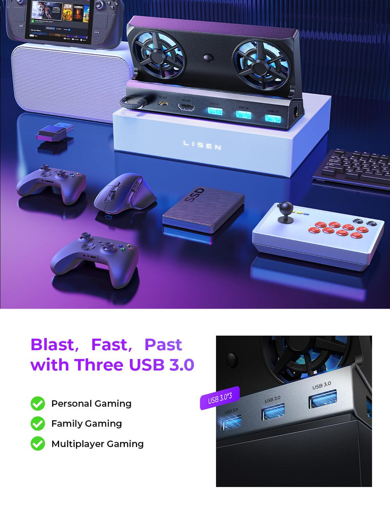 LISEN 8 IN 1 Docking Station for Steam Deck OLED & ROG Ally & Legion Go, Dual Cooling Fan, HDMI 2.0 4K@60Hz, USB 3.0*3, PD100W Support ROG Ally Turbo 30W and Ethernet Compatible with Steam Deck OLED