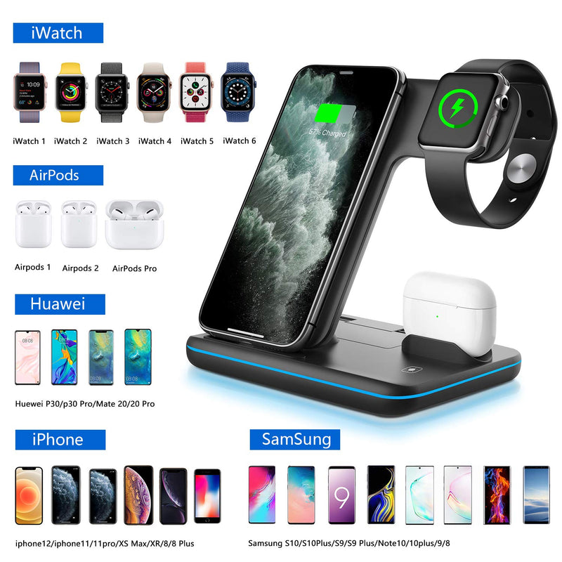 WAITIEE Wireless Charger 3 in 1, 15W Fast Charging Station for Apple iWatch SE/6/5/4/3/2/1,AirPods Pro, Compatible with iPhone 13/12/12 Pro Max/11 Series/XS Max/XR/XS/X/8/8 Plus/Samsung Galaxy (Black) Black