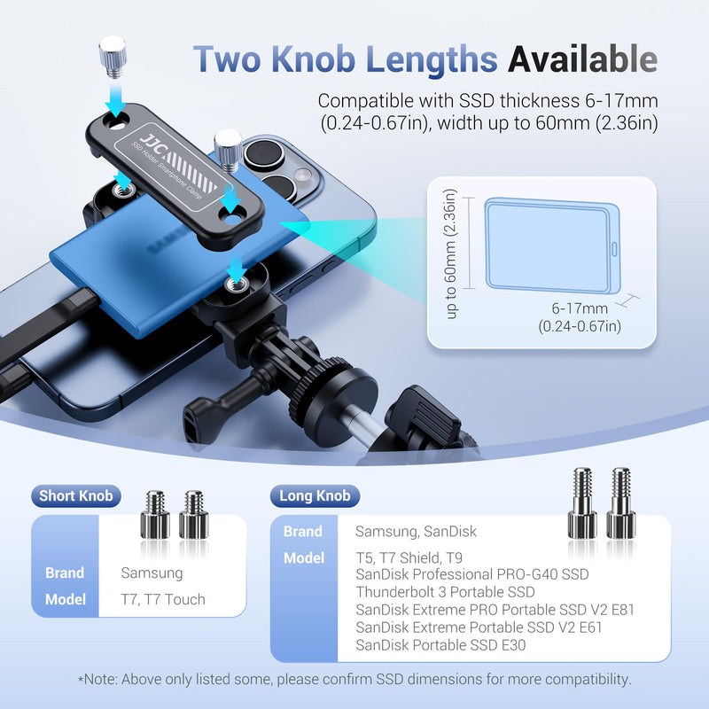 JJC 2-in-1 Multi-Use Phone Clamp SSD Holder Bracket, 360°Rotates SSD Mount Support with Cold Shoe, 1/4"-20 Tripod Mount for Photography Videography Video Recording Vlog Streaming
