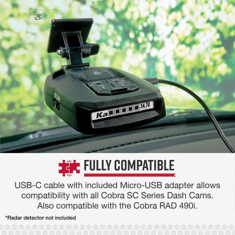 Cobra 2.5A DIY Hardwire Kit, OBDII to USB-C/Micro-USB with 15ft Cable | Compatible With SC 400D, SC 250R and Other Dash Cam Models