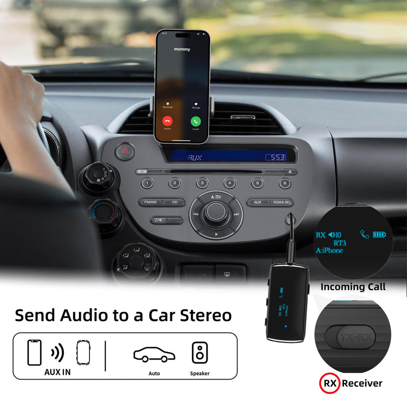 Bluetooth Transmitter Receiver for 2 AirPods/Headphones, Flight Bluetooth 5.2 Adapter for Airplane, TV, Gym and PC with a 3.5mm Audio Jack, Wireless BT Receiver with Mic for Car/Home Stereo Black