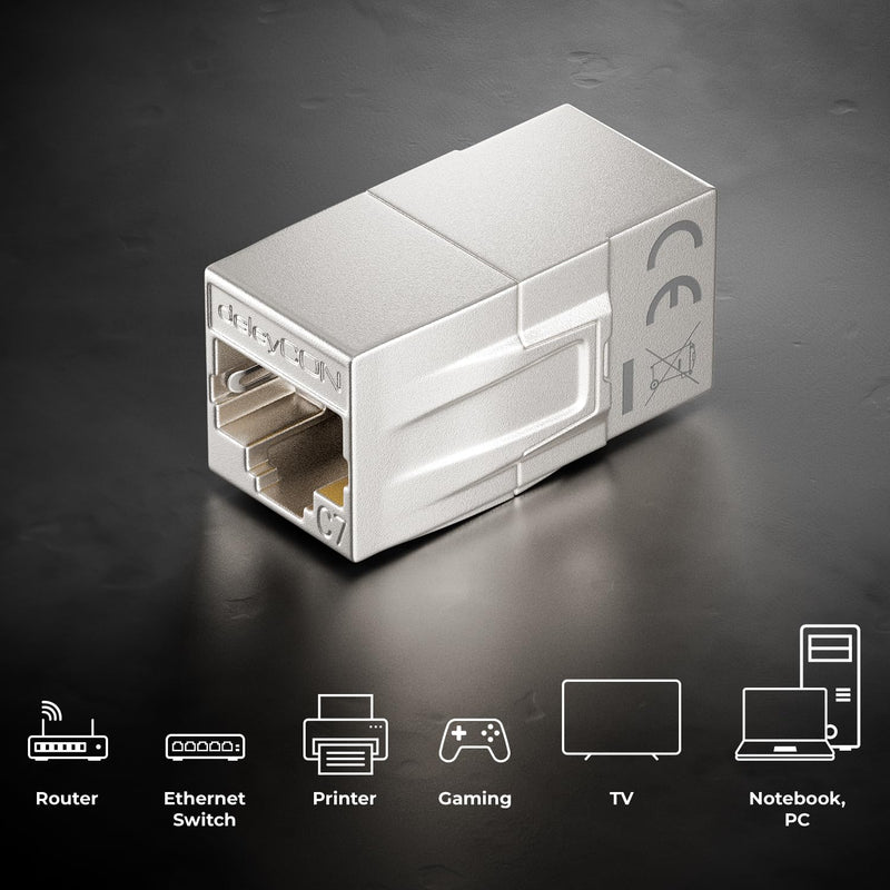 deleyCON Pack of 4 RJ45 Coupling CAT 7 (10 Gbps, 600 MHz) Connector CAT7 Extension Ethernet Adapter Metal Compatible with Cat8, Cat7, Cat6, Cat5 Patch Cable LAN DSL POE 2X RJ45 Socket, Silver 4 Stück