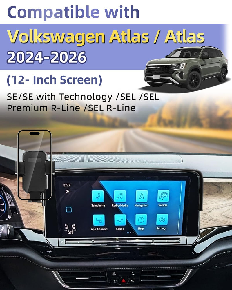 PZK Car Phone Mount for 2024-2026 VW/Volkswagen Atlas/Altas Cross Sport | SE/SEL/Premium R-Line /R-Line Accessories 12-inch Screen Auto Lock Phone Holder 360° Rotation Not Affect Vent Phone Stand Without Extension Rod