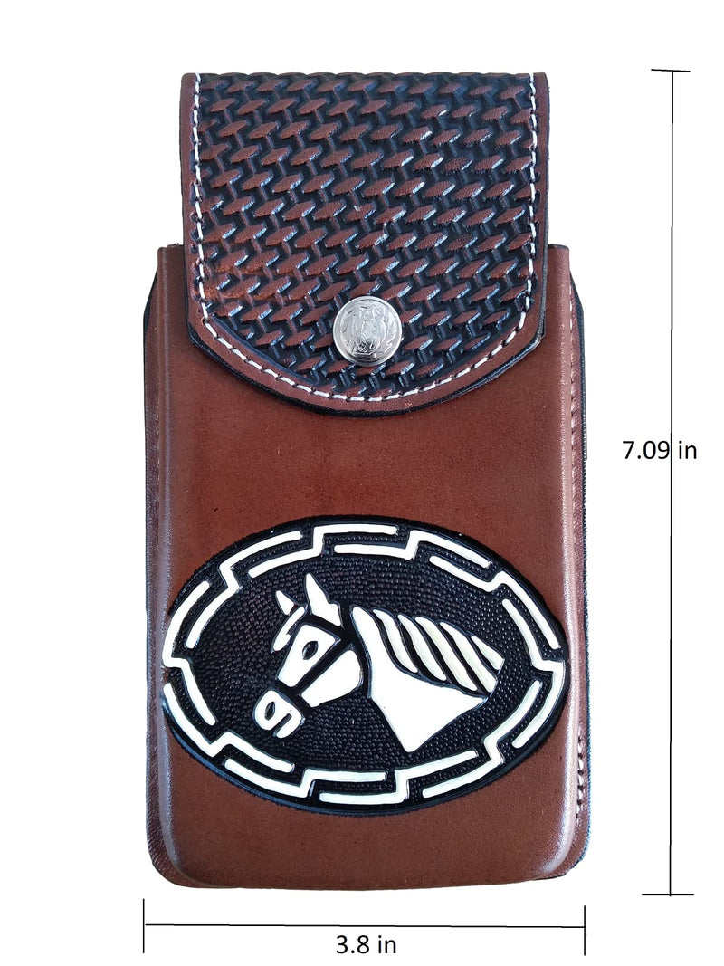 Marquez Western autentic Leather Mexican Cell Phone Holster for Belt with Secure Closure. Hand Painted Horse Design. Universal Size (Brown)