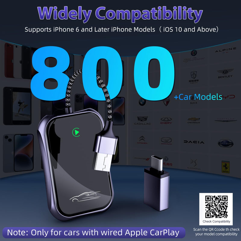 Wireless Carplay Adapter, 2024 Upgrade Converts Wired to Wireless Adapter for iPhone, Plug and Play Dongle for Apple Car Play, Bluetooth Wireless Control Adapter for Cars from 2016 and iOS 10+, Black