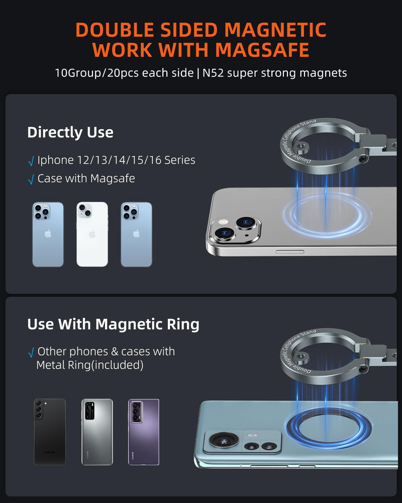 Dual Magnetic Phone Holder Compatiable with iPhone 16 15 14 13 12 Pro Max Plus Series & MagSafe Cases, MG-02 Plus 1/4"-20 Phone Tripod Mount, Gym Magnetic Phone Stand Travel