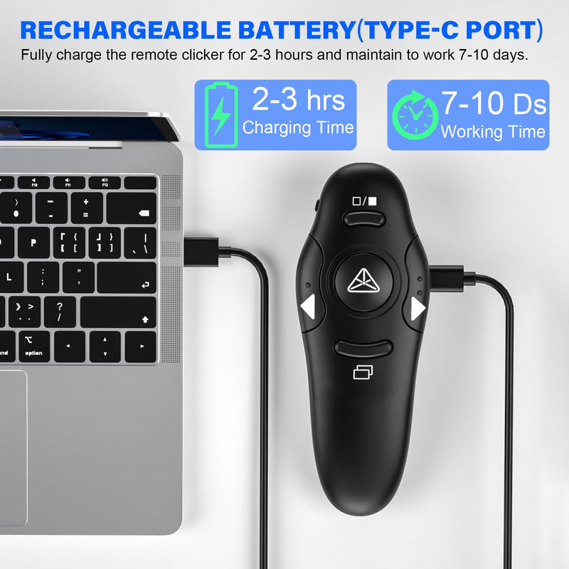 2-in-1 USB Type C Presentation Clicker Wireless Presenter Remote Clicker for PowerPoint Presentations with Laser Pointer, Rechargeable USB C PowerPoint Clicker Slide Advancer for Computer/Mac/Laptop