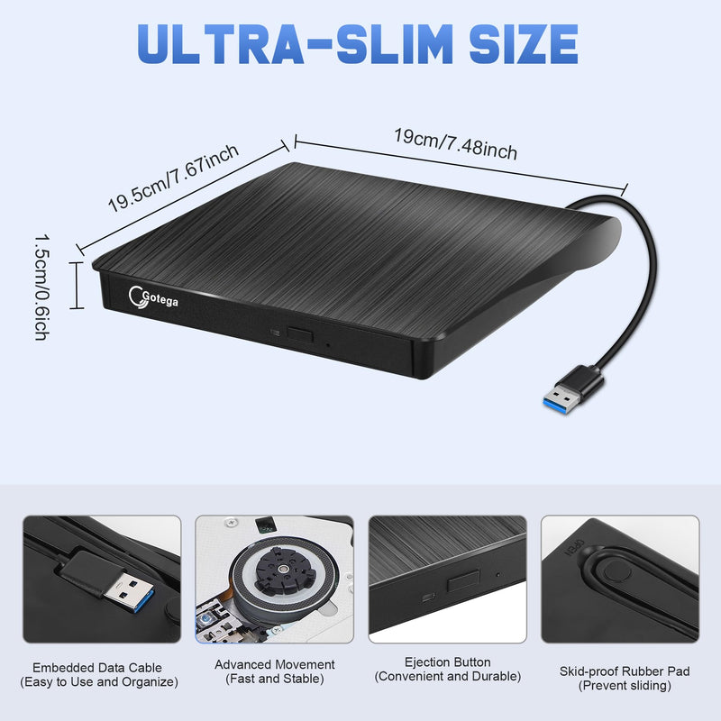 Gotega External DVD Drive, USB 3.0 Portable +/-RW, DVD Player for CD ROM Burner Compatible with Laptop Desktop PC Windows Linux OS Apple Mac Black Small