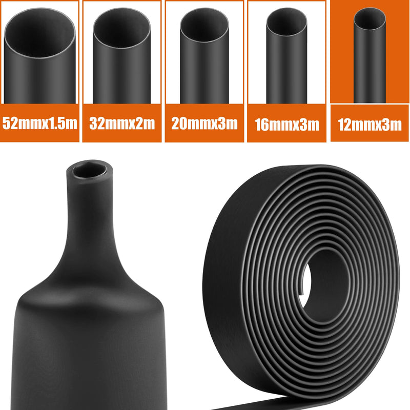 Mbsomnus Heat Shrink Tube 4:1 Waterproof Black with Adhesive - Heat Shrink Tube for Cable Insulation, Repairs, Cable Bundling (12 mm x 3 m) Ø12mmx3m