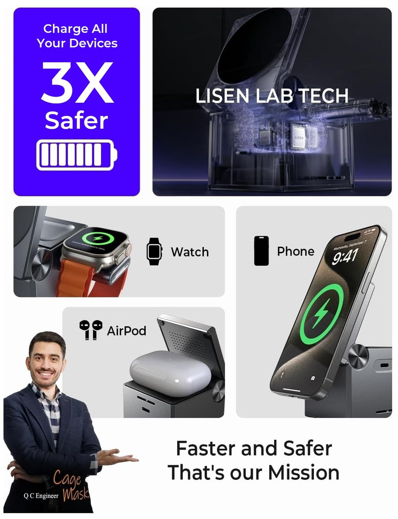 LISEN 3 in 1 Charging Station Apple, for iPhone Wireless Charging Station for Apple Magsafe Charger Stand Cube, Travel Magsafe Charging Station for iPhone 16 15 and Watch, Gifts for Men Women, Black
