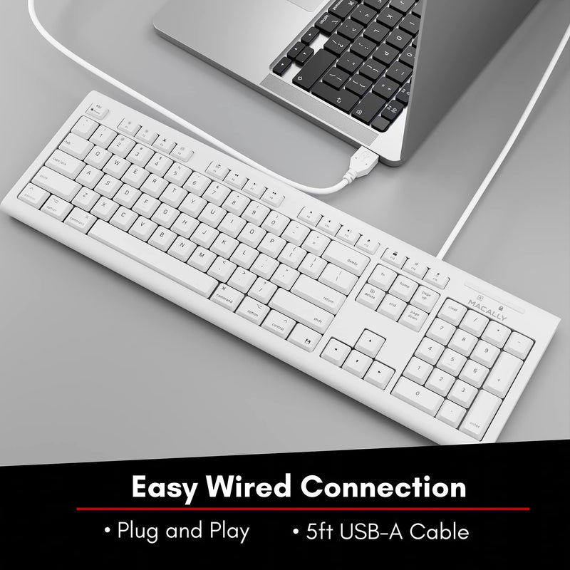 Macally Full-Size USB Wired Keyboard for Mac Mini/Pro, iMac Desktop Computer, MacBook Pro/Air Desktop w/ 16 Compatible Apple Shortcuts, Extended with Number Keypad, Rubber Domed Keycaps - Spill Proof white