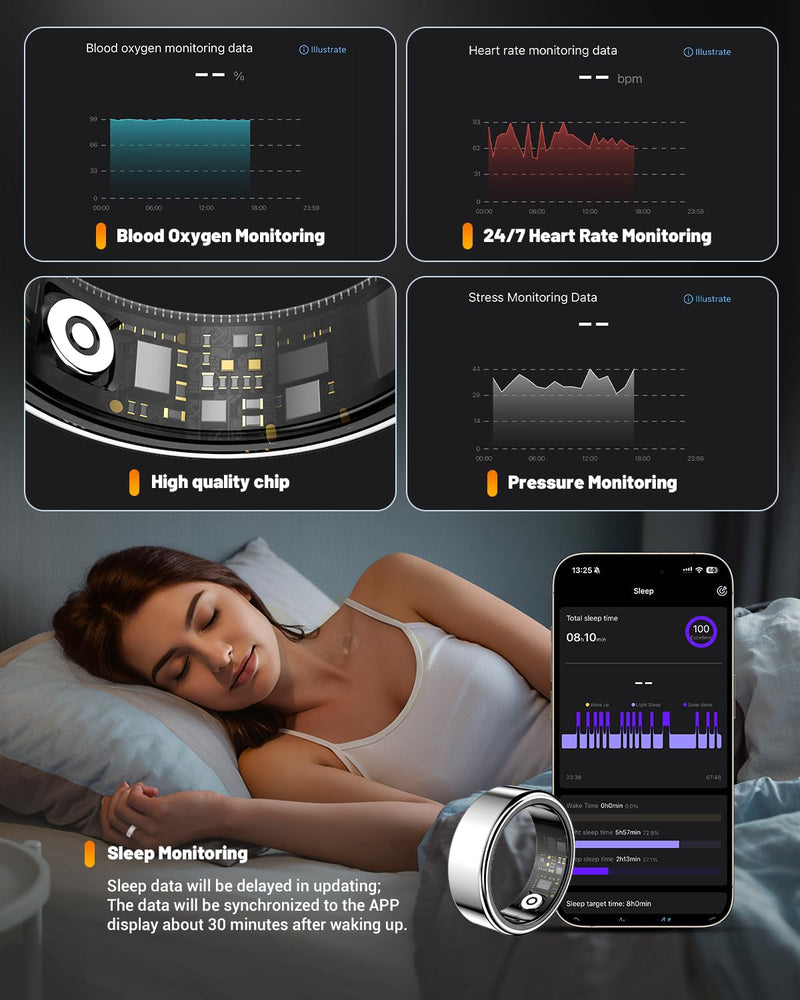 Smart Ring Health Tracker with Charging Case,Sleep,Heart Rate & Blood Oxygen Monitor, 5ATM+IP68 Waterproof Fitness Ring, No Subscription,3-7Day Battery,iOS & Android Compatible for Men Women silver8# SY02-silver 8#