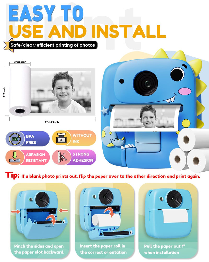 Kids Camera Instant Print, Christmas Birthday Gifts for Kids Age 3-8, 1080P Digital Camera with Silicone Cover, Toddler Portable Travel Toys for 3 4 5 6 7 8 Year Old Girls Boys-Blue Blue