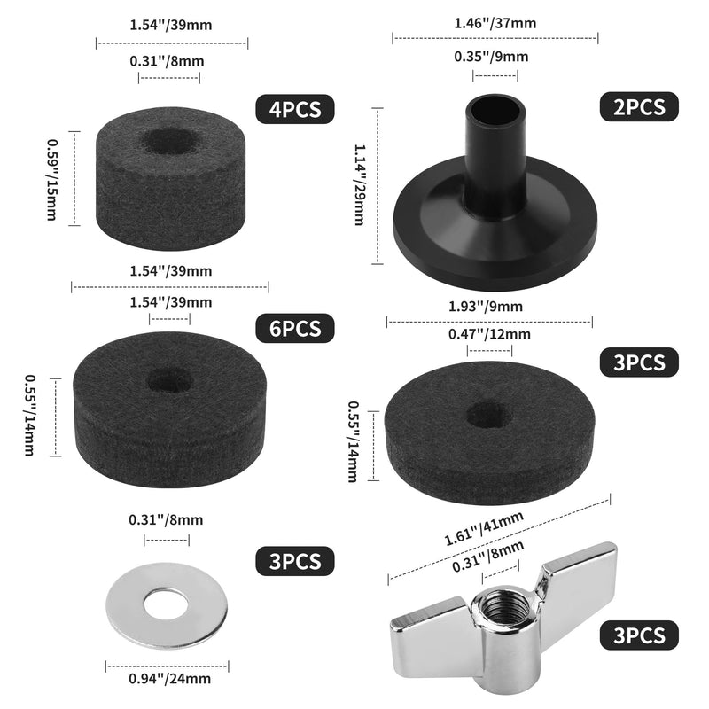 23 Pieces Cymbal Replacement Accessories, Includes Cymbal Stand Felts, Drum Cymbal Felt Pads, Wing Nuts, Washers, Cymbal Sleeves and Drum Key - Black
