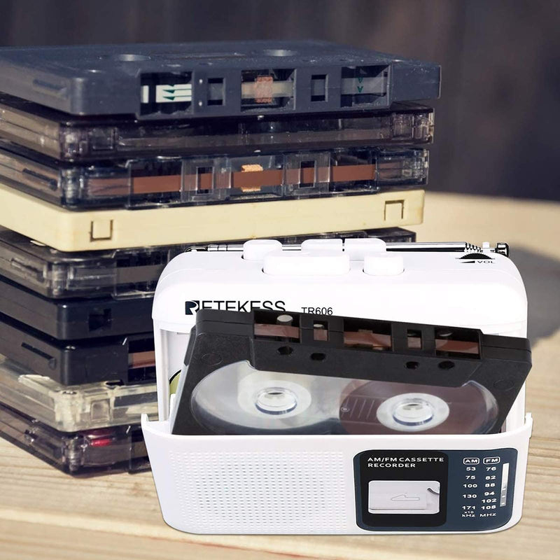 Retekess TR606 Portable Cassette Players Recorders, AM FM Radio Tape Player, Powered by DC or AA Battery with Recorder and AUX Input (White)