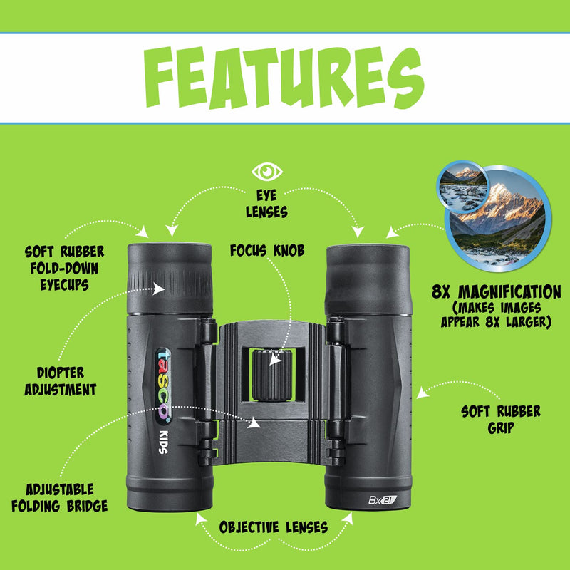 [AUSTRALIA] - Tasco Kids Binoculars 8x21, Compact Binoculars for Kids Ages 3-12, Great for Adventures, Hiking, Camping, Travel, Bird Watching Foldable Black 