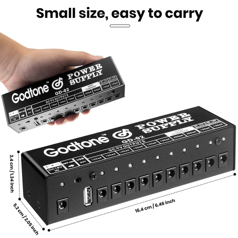 Godtone Guitar Pedal 10 DC Outputs for 9V 12V 18V Effect Pedal Power Supply with USB(5V2A) Port GD-02