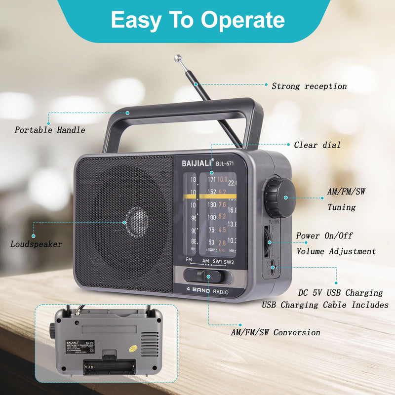 [AUSTRALIA] - Portable Radio AM FM, Transistor AM FM Radio Portable with Loud Speaker, Small Radio Battery Powered or DC USB, Suitable for Indoor, Outdoor and Emergency Use(BJL-671) 