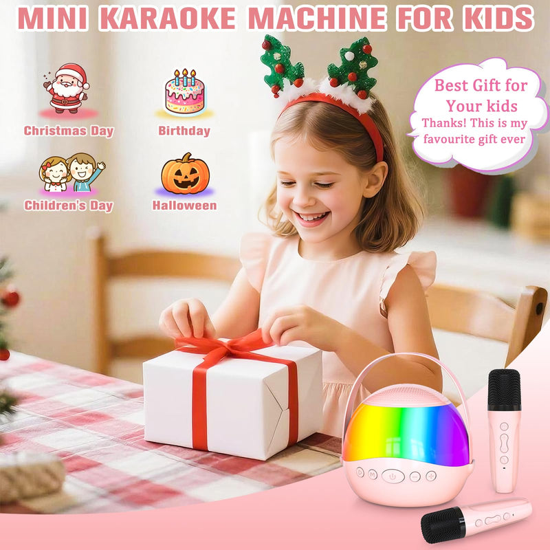 2025 New Mini Karaoke Machine Speaker for Kids Adults,Portable Bluetooth Speaker with 2 Wireless Mics,Colorful LED Lights, Home Travel & Party Play Gifts for Boys Girls (Pink) Pink