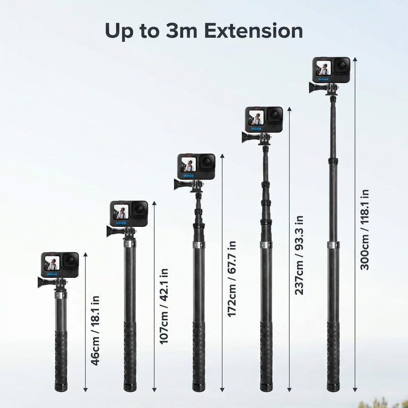 Selfie Stick for Insta360, 18-118"/9.8ft/3m Extended Invisible Selfie Pole | Lightweight, Carbon Fiber, for Insta360 X5 X4 X3 ONE X2 ONE R X ONE GO 3S 3 2, DJI Osmo 360, Action 6 5 4 3 2, Hero 13/12/11