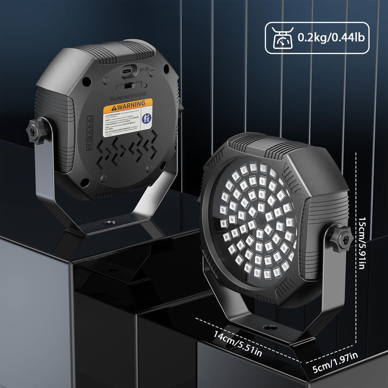 Rechargeable Strobe Light, 60 LED RGB Mini Flashing Light, 30W Battery Powered Strobe with Remote & Sound- Activated Control Mode, Par Can for Party Home Halloween Bars, 2 Pack