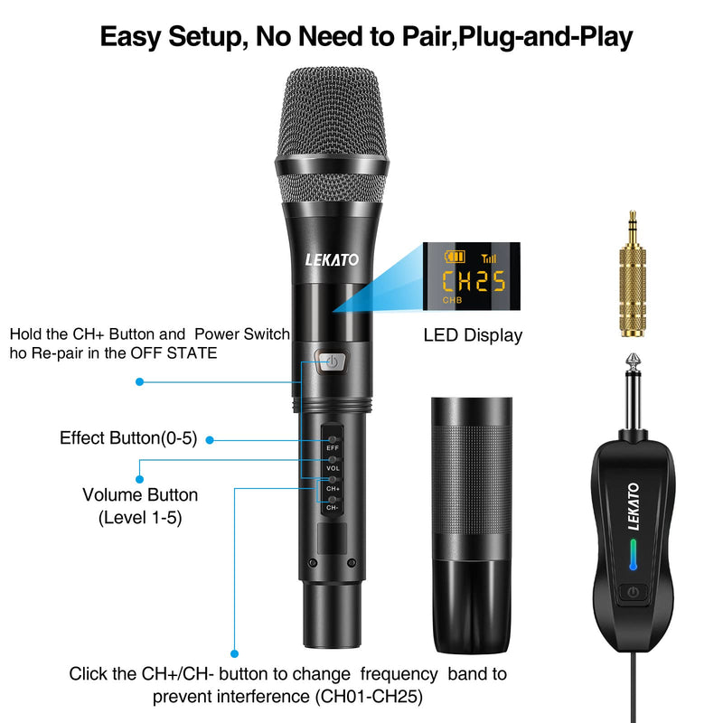LEKATO Wireless Microphone Rechargeable Wireless Microphones with Receiver Dual Handheld Microphone System Dynamic MIC for Singing, Speech, Wedding, Church,Speaker, PA System Black&Red
