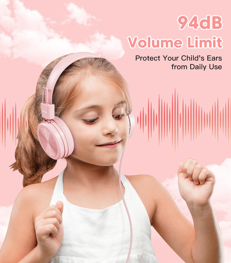 [AUSTRALIA] - Kids Headphones, Toddler Headphones with Safe Volume Limiter 94dB, Wired School Headphones for Kid, 3.5mm Adjustable On-Ear Headphones for Boys/Girls/Children/Teens/iPad/Computer, Light Pink Plug 3.5mm 